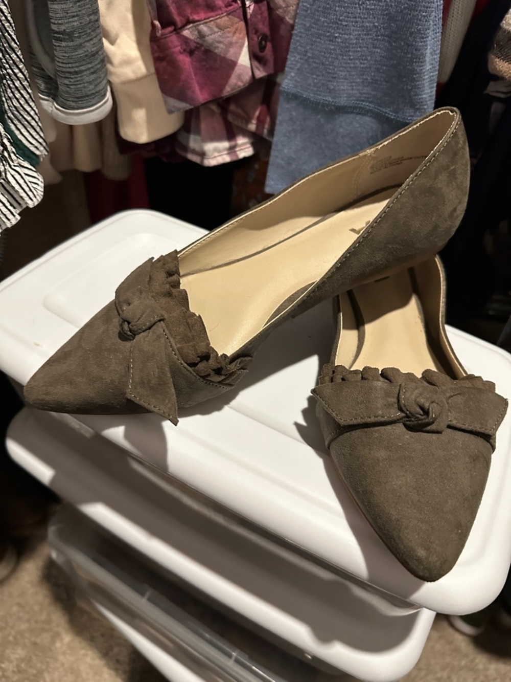 MIA Olive Suede Pointed Toe Knot Flats